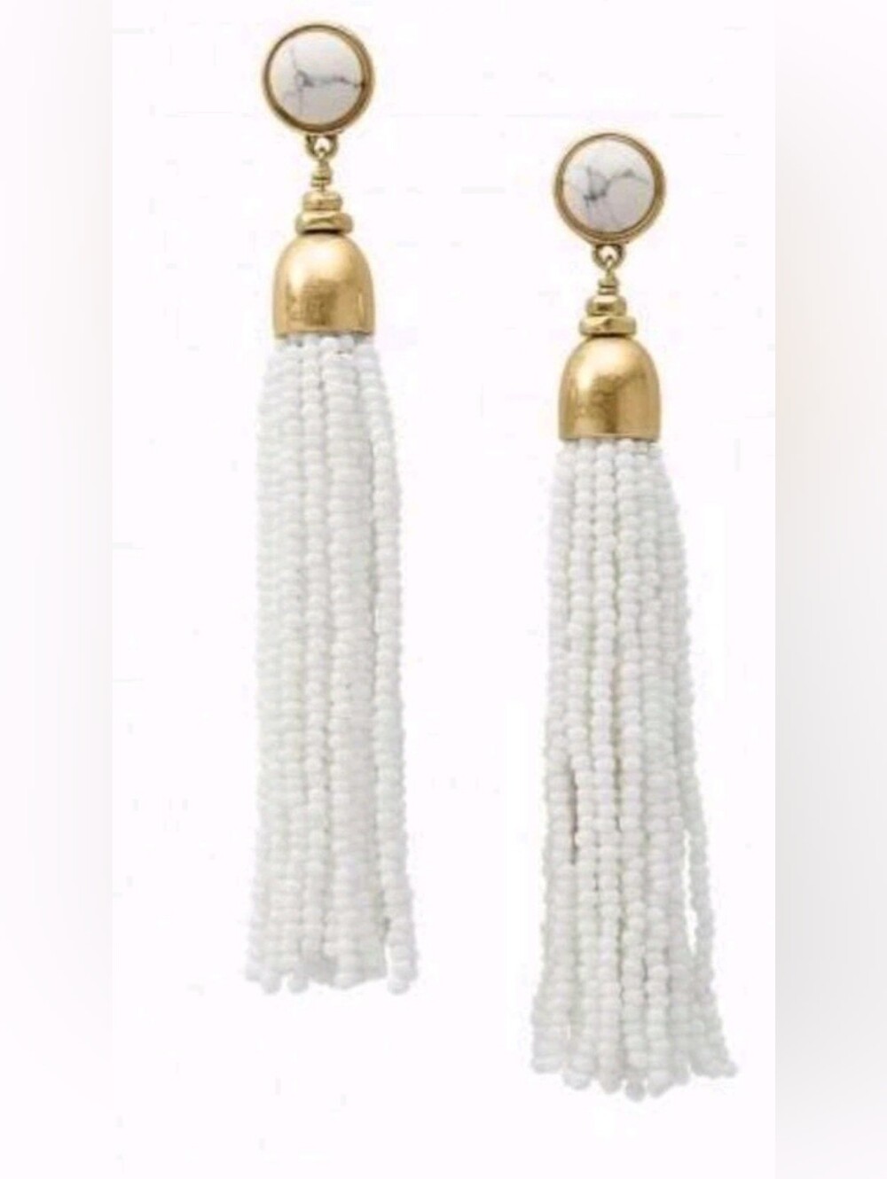 White Beaded Tassel Drop Earrings with Gold Accents